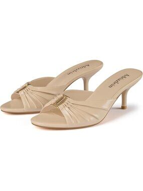 Women's Nude Ruched Kitten Heels Metal Round Toe Mules Peep Open Toe Low Heel